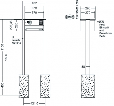 RENZ Briefkastenanlage freistehend, Basic B, Edelstahl V4A, Kastenformat 370x110x270mm, mit Klingel - & Lichttaster und Vorbereitung Gegensprechanlage, 1-teilig, zum Einbetonieren